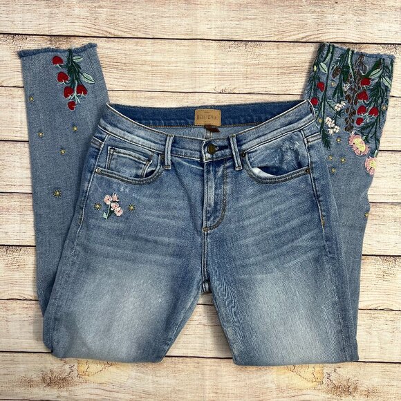 Driftwood Jackie Embroidered Jeans Size 26 Floral Distressed Light Wash Skinny - Picture 1 of 15